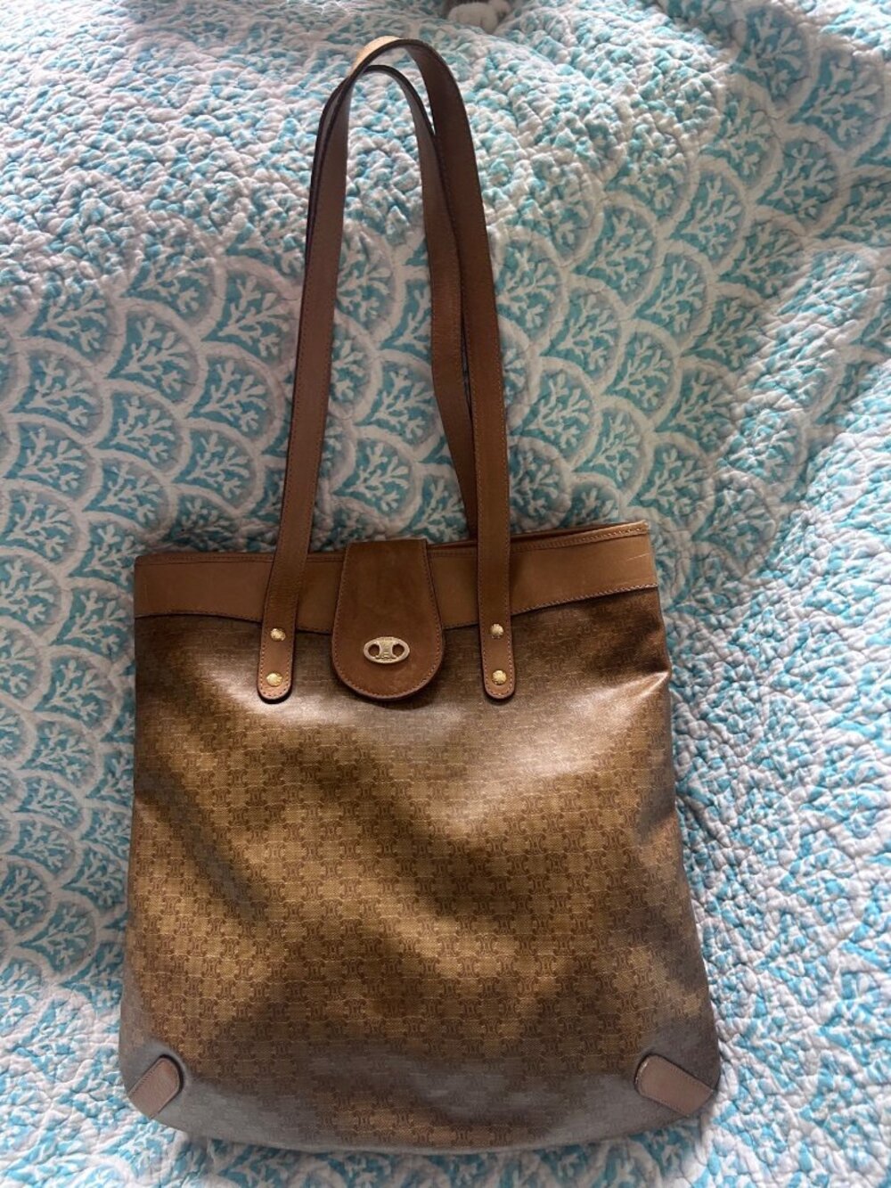 Vintage Celine Macadam Triomphe Tote Bag Brown Coated Canvas Tan Leather Shoulde